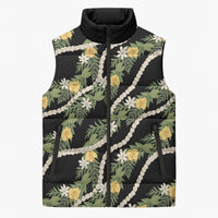 Hawaiian Pikake Maile Lei Sleeveless Puffer Jacket Tiare Hibiscus Kalo Palapalai Leaf Black LT19 Unisex Black - Polynesian Pride