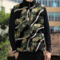 Hawaiian Pikake Maile Lei Sleeveless Puffer Jacket Tiare Hibiscus Kalo Palapalai Leaf Black LT19 - Polynesian Pride