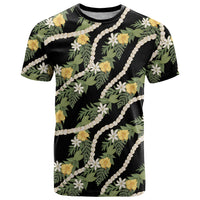 Hawaiian Pikake Maile Lei T Shirt Tiare Hibiscus Kalo Palapalai Leaf Black