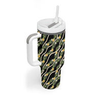 Hawaiian Pikake Maile Lei Tumbler With Handle Tiare Hibiscus Kalo Palapalai Leaf Black
