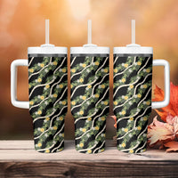 Hawaiian Pikake Maile Lei Tumbler With Handle Tiare Hibiscus Kalo Palapalai Leaf Black