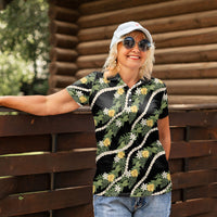 Hawaiian Pikake Maile Lei Women Polo Shirt Tiare Hibiscus Kalo Palapalai Leaf Black
