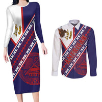 American Samoa Flag Day Couples Matching Long Sleeve Bodycon Dress and Long Sleeve Button Shirt Polynesian Tribal Tattoo Eagle Art LT19 Navy - Polynesian Pride