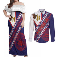 American Samoa Flag Day Couples Matching Off Shoulder Maxi Dress and Long Sleeve Button Shirt Polynesian Tribal Tattoo Eagle Art LT19 Navy - Polynesian Pride