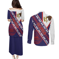 American Samoa Flag Day Couples Matching Puletasi and Long Sleeve Button Shirt Polynesian Tribal Tattoo Eagle Art LT19 - Polynesian Pride