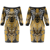 Aotearoa Iwi Ngati Whatua Personalised Family Matching Off The Shoulder Long Sleeve Dress and Hawaiian Shirt Maori Kowhaiwhai Pattern