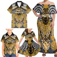 Aotearoa Iwi Ngati Whatua Personalised Family Matching Off Shoulder Maxi Dress and Hawaiian Shirt Maori Kowhaiwhai Pattern