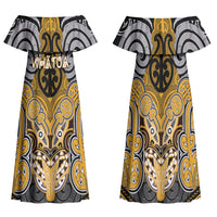 Aotearoa Iwi Ngati Whatua Personalised Family Matching Off Shoulder Maxi Dress and Hawaiian Shirt Maori Kowhaiwhai Pattern