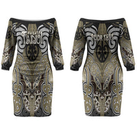 Aotearoa Iwi Waikato Tainui Personalised Couples Matching Off The Shoulder Long Sleeve Dress and Long Sleeve Button Shirt Maori Kowhaiwhai Pattern