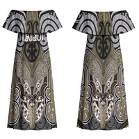 Aotearoa Iwi Waikato Tainui Personalised Family Matching Off Shoulder Maxi Dress and Hawaiian Shirt Maori Kowhaiwhai Pattern