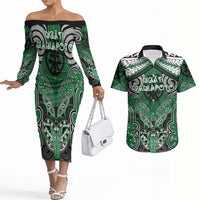 Aotearoa Iwi Ngati Maniapoto Personalised Couples Matching Off The Shoulder Long Sleeve Dress and Hawaiian Shirt Maori Kowhaiwhai Pattern