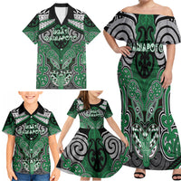 Aotearoa Iwi Ngati Maniapoto Personalised Family Matching Off Shoulder Maxi Dress and Hawaiian Shirt Maori Kowhaiwhai Pattern