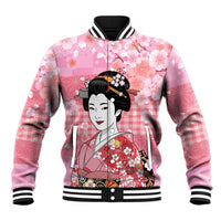 Japanese Geisha Cherry Blossom Baseball Jacket Pink Palaka Hawaii Pattern Fusion Design
