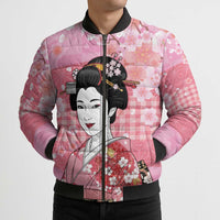 Japanese Geisha Cherry Blossom Bomber Puffer Jacket Pink Palaka Hawaii Pattern Fusion Design