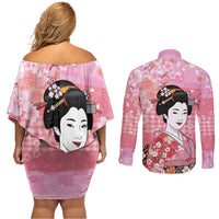 Japanese Geisha Cherry Blossom Couples Matching Off Shoulder Short Dress and Long Sleeve Button Shirt Pink Palaka Hawaii Pattern Fusion Design