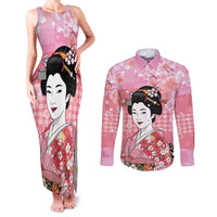 Japanese Geisha Cherry Blossom Couples Matching Tank Maxi Dress and Long Sleeve Button Shirt Pink Palaka Hawaii Pattern Fusion Design