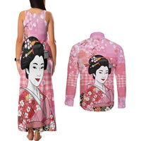 Japanese Geisha Cherry Blossom Couples Matching Tank Maxi Dress and Long Sleeve Button Shirt Pink Palaka Hawaii Pattern Fusion Design
