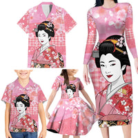 Japanese Geisha Cherry Blossom Family Matching Long Sleeve Bodycon Dress and Hawaiian Shirt Pink Palaka Hawaii Pattern Fusion Design