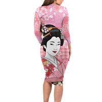 Japanese Geisha Cherry Blossom Family Matching Long Sleeve Bodycon Dress and Hawaiian Shirt Pink Palaka Hawaii Pattern Fusion Design