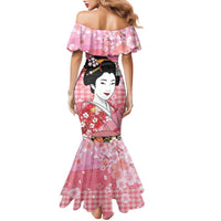 Japanese Geisha Cherry Blossom Family Matching Mermaid Dress and Hawaiian Shirt Pink Palaka Hawaii Pattern Fusion Design