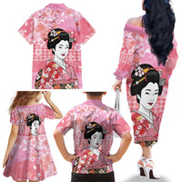 Japanese Geisha Cherry Blossom Family Matching Off The Shoulder Long Sleeve Dress and Hawaiian Shirt Pink Palaka Hawaii Pattern Fusion Design
