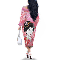 Japanese Geisha Cherry Blossom Family Matching Off The Shoulder Long Sleeve Dress and Hawaiian Shirt Pink Palaka Hawaii Pattern Fusion Design