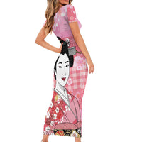 Japanese Geisha Cherry Blossom Family Matching Short Sleeve Bodycon Dress and Hawaiian Shirt Pink Palaka Hawaii Pattern Fusion Design