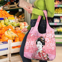 Japanese Geisha Cherry Blossom Grocery Bag Pink Palaka Hawaii Pattern Fusion Design