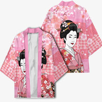Japanese Geisha Cherry Blossom Kimono Pink Palaka Hawaii Pattern Fusion Design