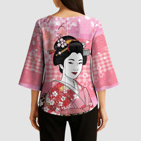 Japanese Geisha Cherry Blossom Kimono Sleeve Blouse Pink Palaka Hawaii Pattern Fusion Design