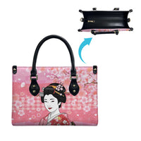 Japanese Geisha Cherry Blossom Leather Bag Pink Palaka Hawaii Pattern Fusion Design