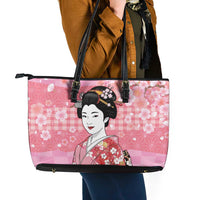 Japanese Geisha Cherry Blossom Leather Tote Bag Pink Palaka Hawaii Pattern Fusion Design