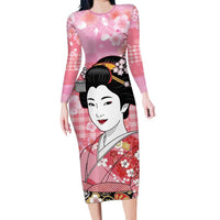Japanese Geisha Cherry Blossom Long Sleeve Bodycon Dress Pink Palaka Hawaii Pattern Fusion Design
