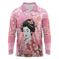 Japanese Geisha Cherry Blossom Long Sleeve Polo Shirt Pink Palaka Hawaii Pattern Fusion Design