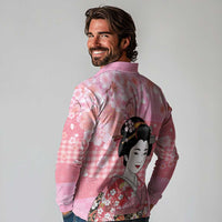 Japanese Geisha Cherry Blossom Long Sleeve Polo Shirt Pink Palaka Hawaii Pattern Fusion Design