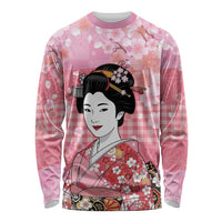 Japanese Geisha Cherry Blossom Long Sleeve Shirt Pink Palaka Hawaii Pattern Fusion Design