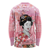 Japanese Geisha Cherry Blossom Long Sleeve Shirt Pink Palaka Hawaii Pattern Fusion Design