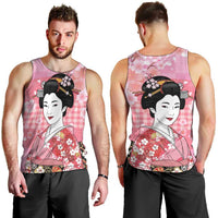 Japanese Geisha Cherry Blossom Men Tank Top Pink Palaka Hawaii Pattern Fusion Design