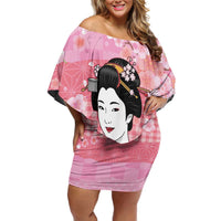 Japanese Geisha Cherry Blossom Off Shoulder Short Dress Pink Palaka Hawaii Pattern Fusion Design