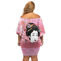 Japanese Geisha Cherry Blossom Off Shoulder Short Dress Pink Palaka Hawaii Pattern Fusion Design