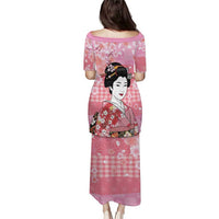 Japanese Geisha Cherry Blossom Puletasi Pink Palaka Hawaii Pattern Fusion Design