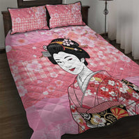 Japanese Geisha Cherry Blossom Quilt Bed Set Pink Palaka Hawaii Pattern Fusion Design