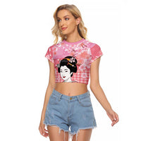 Japanese Geisha Cherry Blossom Raglan Cropped T Shirt Pink Palaka Hawaii Pattern Fusion Design