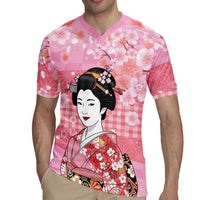 Japanese Geisha Cherry Blossom Rugby Jersey Pink Palaka Hawaii Pattern Fusion Design