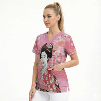 Japanese Geisha Cherry Blossom Scrub Top Pink Palaka Hawaii Pattern Fusion Design