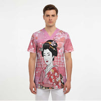 Japanese Geisha Cherry Blossom Scrub Top Pink Palaka Hawaii Pattern Fusion Design