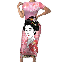Japanese Geisha Cherry Blossom Short Sleeve Bodycon Dress Pink Palaka Hawaii Pattern Fusion Design