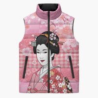 Japanese Geisha Cherry Blossom Sleeveless Puffer Jacket Pink Palaka Hawaii Pattern Fusion Design