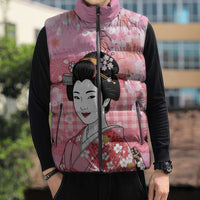 Japanese Geisha Cherry Blossom Sleeveless Puffer Jacket Pink Palaka Hawaii Pattern Fusion Design
