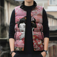 Japanese Geisha Cherry Blossom Sleeveless Puffer Jacket Pink Palaka Hawaii Pattern Fusion Design